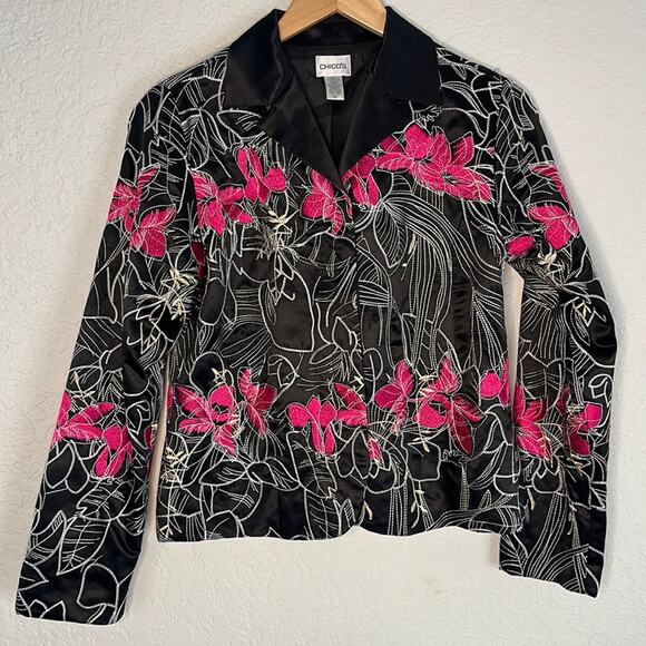 Chico’s Black Pink Satin Embroidered Jacket Blazer Silk Colorful Artsy 80s Party - Picture 1 of 5